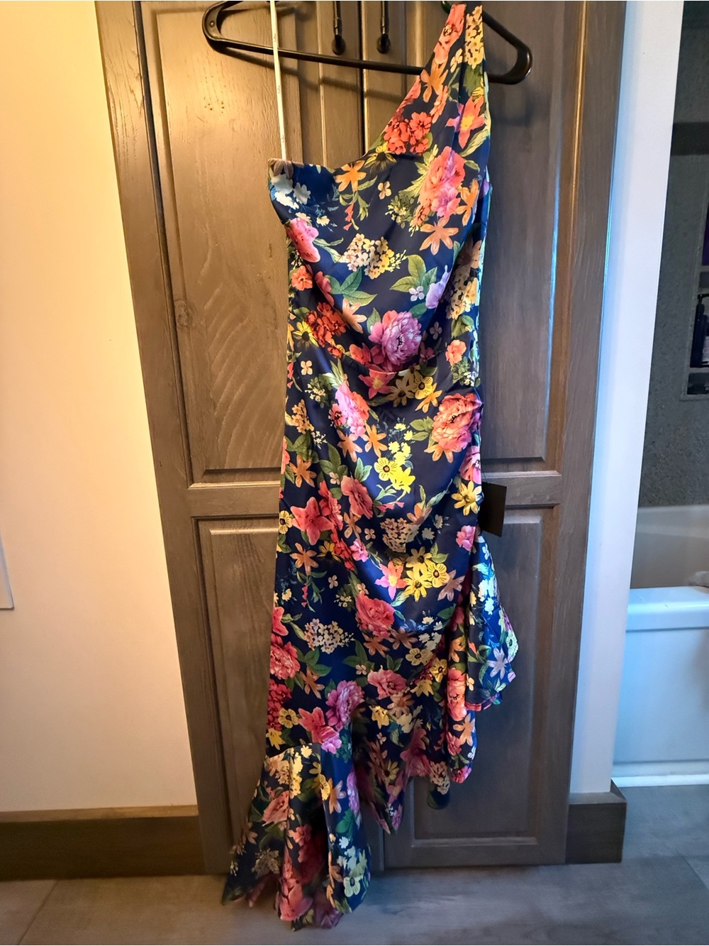 Lulu’s Divinely Blooming Blue Multi Floral One-Shoulder Midi Dress - Size S